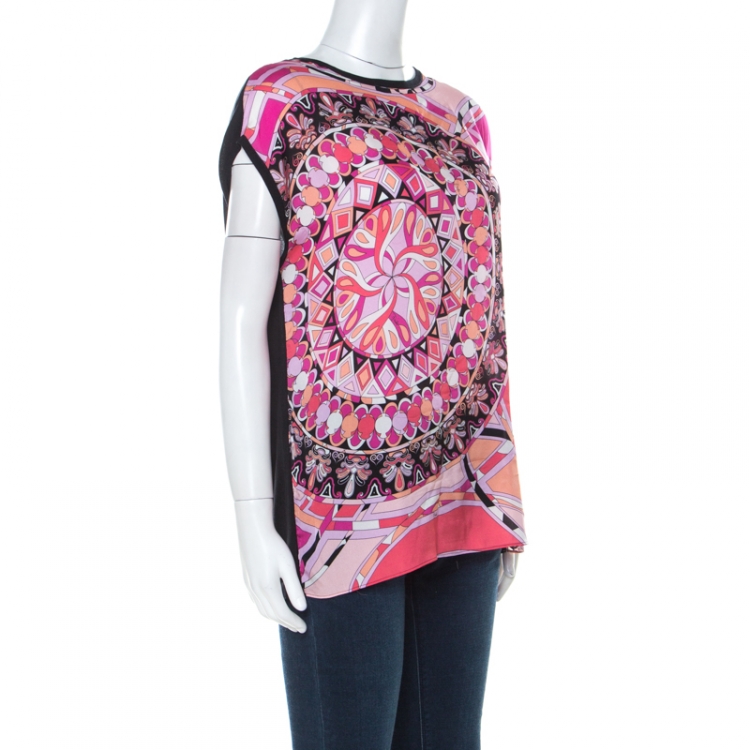 مملوكة مسبقًا Emilio Pucci Pink & Black Signature Print Silk Sleeveless Top M