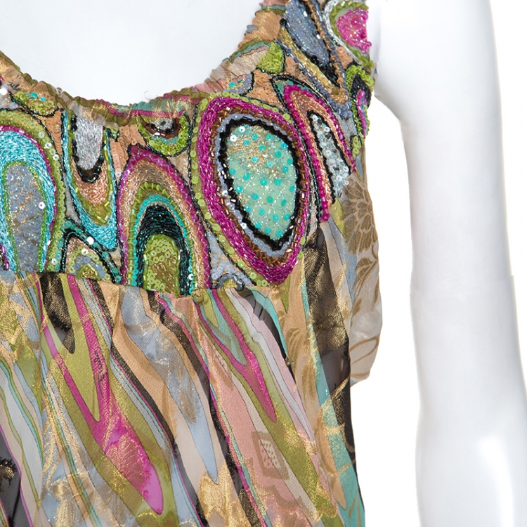 Pre Owned Emilio Pucci Multicolor Printed Metallic Weave Detail Embellished Skirt Set M