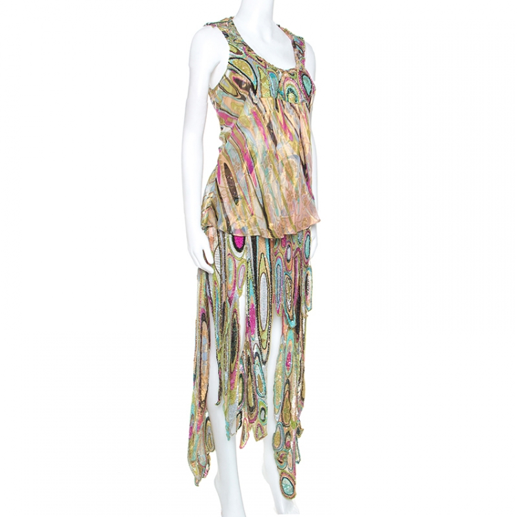 Pre Owned Emilio Pucci Multicolor Printed Metallic Weave Detail Embellished Skirt Set M