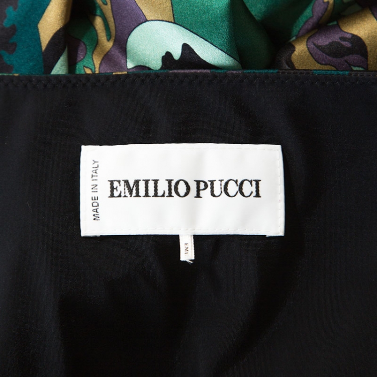 Pre Owned Emilio Pucci Green Printed Stretch Silk Ruched Detail Midi Dress M