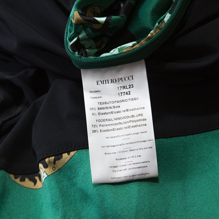 Pre Owned Emilio Pucci Green Printed Stretch Silk Ruched Detail Midi Dress M