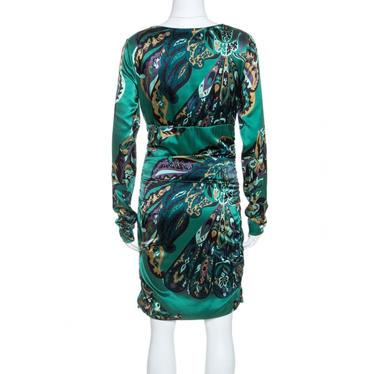 Pre Owned Emilio Pucci Green Printed Stretch Silk Ruched Detail Midi Dress M
