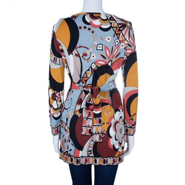 Pre Owned Emilio Pucci Orange Multicolor Belted Tunic Top L