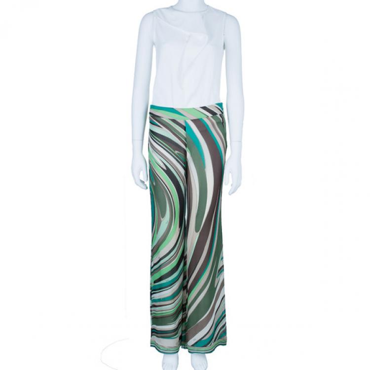 Pre Owned Emilio Pucci Printed Silk Wide Leg Pants M
