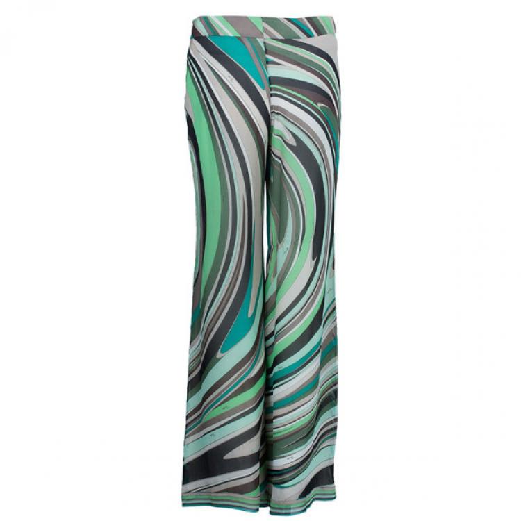 Pre Owned Emilio Pucci Printed Silk Wide Leg Pants M