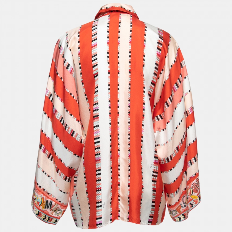 Pre Owned Emilio Pucci Pink Multicolor Printed Silk Buttoned Tunic Top M