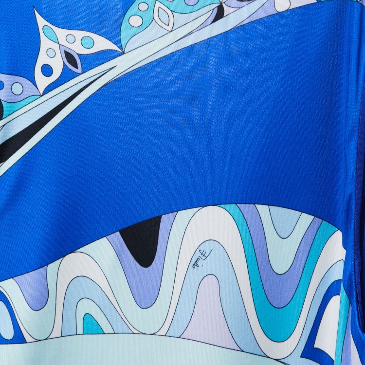 Pre Owned Emilio Pucci Blue Printed Stretch Knit Embellished Sleeveless Long Dress M