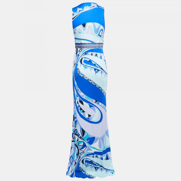 Pre Owned Emilio Pucci Blue Printed Stretch Knit Embellished Sleeveless Long Dress M