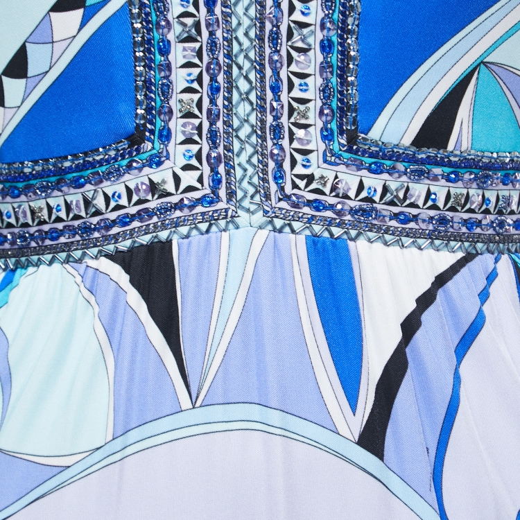 Pre Owned Emilio Pucci Blue Printed Stretch Knit Embellished Sleeveless Long Dress M