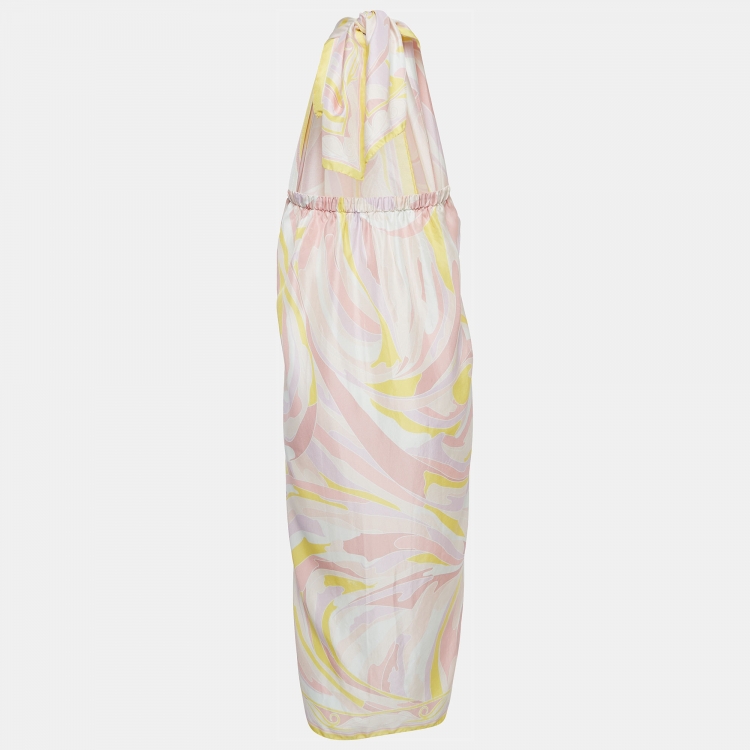Pre Owned Emilio Pucci Pink/Yellow Abstract Print Silk Wrap Midi Dress M