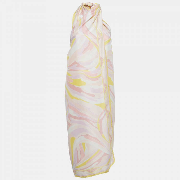 Pre Owned Emilio Pucci Pink/Yellow Abstract Print Silk Wrap Midi Dress M