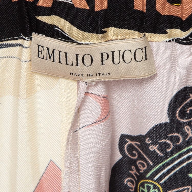 Pre Owned Emilio Pucci Multicolor Printed Silk Straight Leg Trousers S