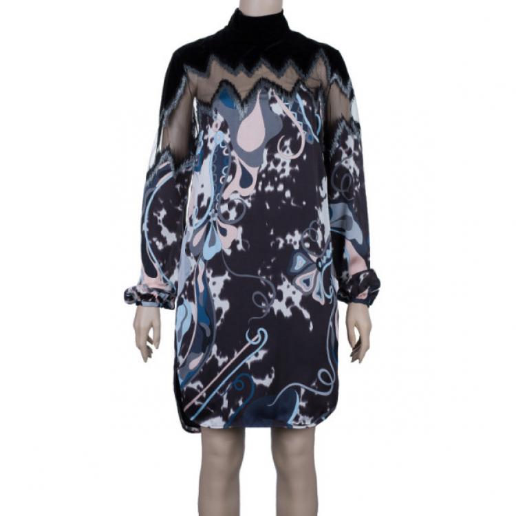 Pre Owned Emilio Pucci Printed Silk and Velvet Dress M