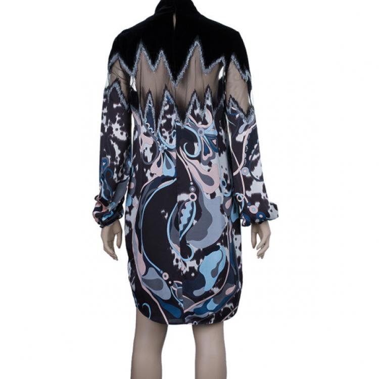 Pre Owned Emilio Pucci Printed Silk and Velvet Dress M