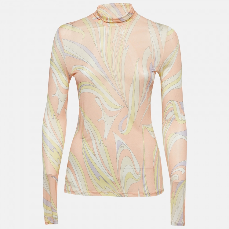 Pre Owned Emilio Pucci Pastel Pink Abstract Print Jersey High Neck Long Sleeve Top M