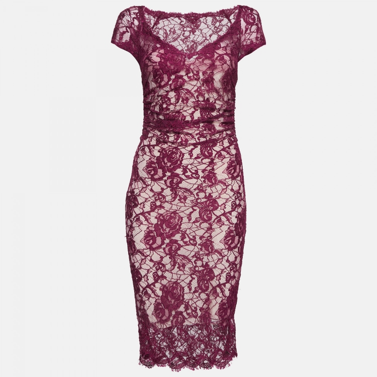 Pre Owned Emilio Pucci Burgundy Floral Lace Scalloped Trim Ruched Dress S