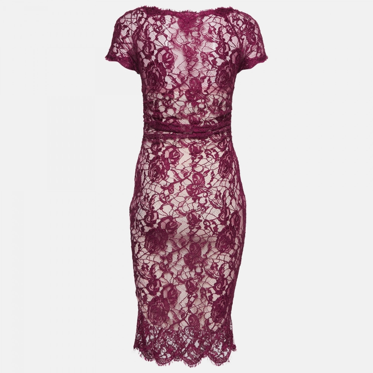 Pre Owned Emilio Pucci Burgundy Floral Lace Scalloped Trim Ruched Dress S