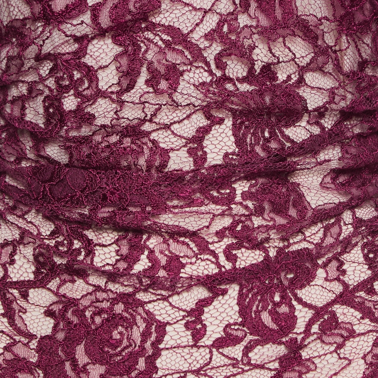 Pre Owned Emilio Pucci Burgundy Floral Lace Scalloped Trim Ruched Dress S