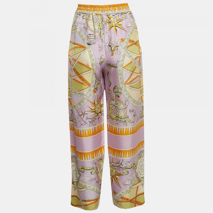 Pre Owned Emilio Pucci Light Purple Astrolabio Print Silk Trousers S