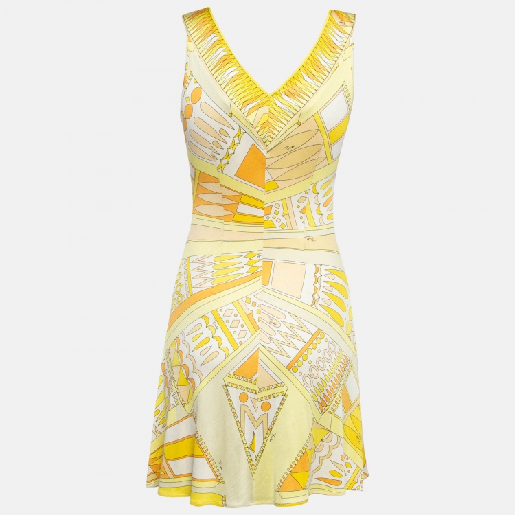 Pre Owned Emilio Pucci Yellow Psychedelia Print Jersey Mini Dress XS