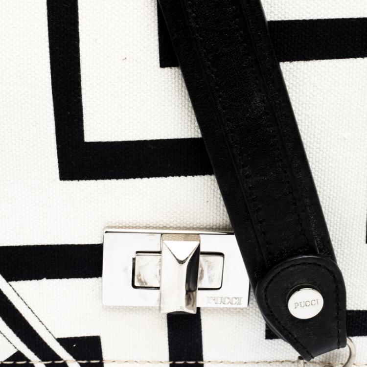 Pre Owned Emilio Pucci Black And White Canvas Marquise Flap Bag