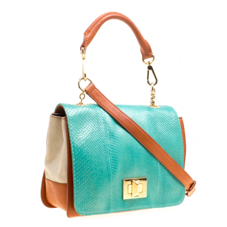 Pre Owned Emilio Pucci Multicolor Snakeskin/Canvas and Leather Top Handle Bag
