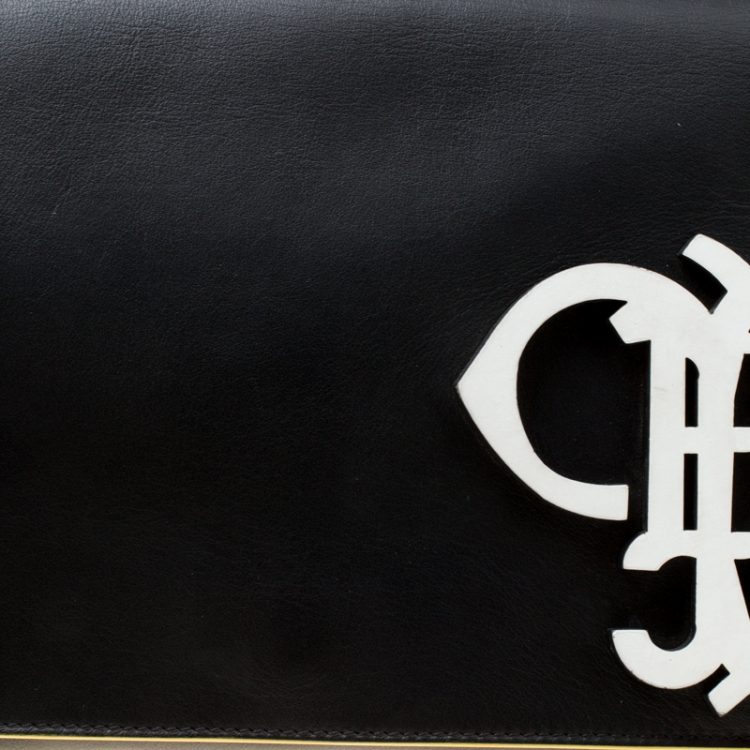 Pre Owned Emilio Pucci Black Leather Oversize Logo Clutch