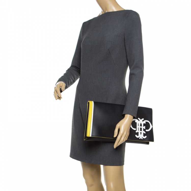 Pre Owned Emilio Pucci Black Leather Oversize Logo Clutch