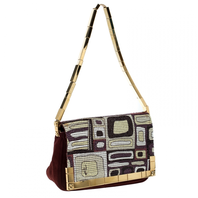 Pre Owned Emilio Pucci Multicolor Suede and Metal Armored Mesh Flap Shoulder Bag