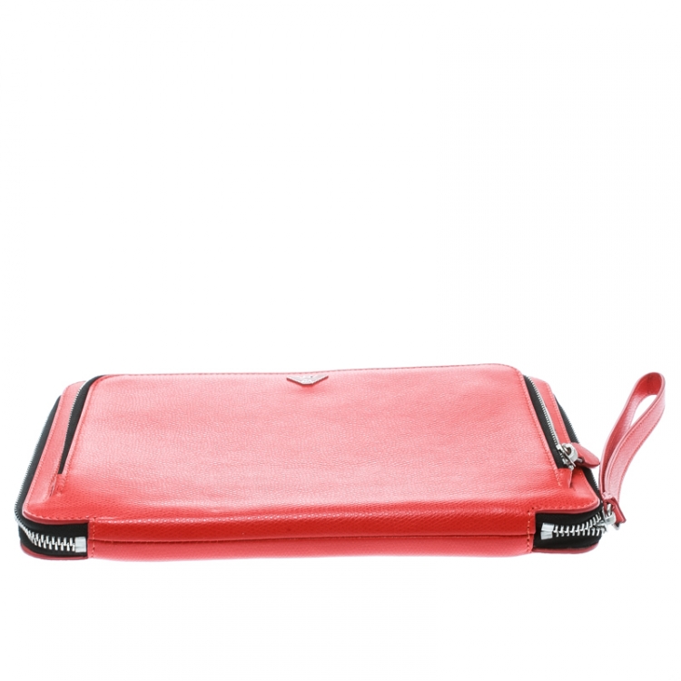 Pre Owned Emporio Armani Coral Orange Leather Zip Around Ipad Case