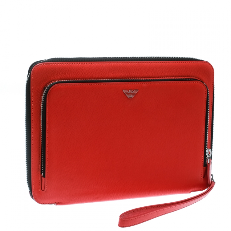 Pre Owned Emporio Armani Coral Orange Leather Zip Around Ipad Case