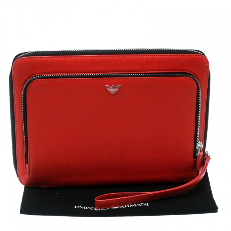 Pre Owned Emporio Armani Coral Orange Leather Zip Around Ipad Case