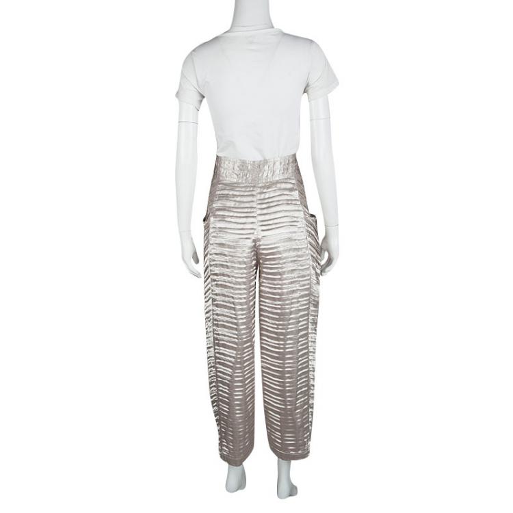 Pre Owned Emporio Armani Beige Pleated Textured Satin High Waist Balloon Trousers M