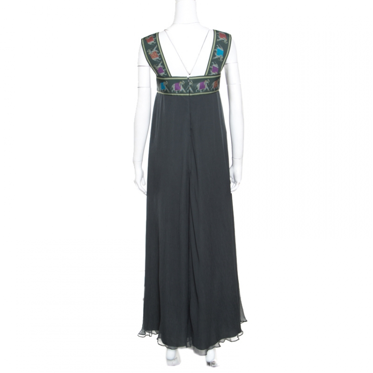 Pre Owned Emporio Armani Olive Green Silk Elephant Motif Detail Sleeveless Maxi Dress M