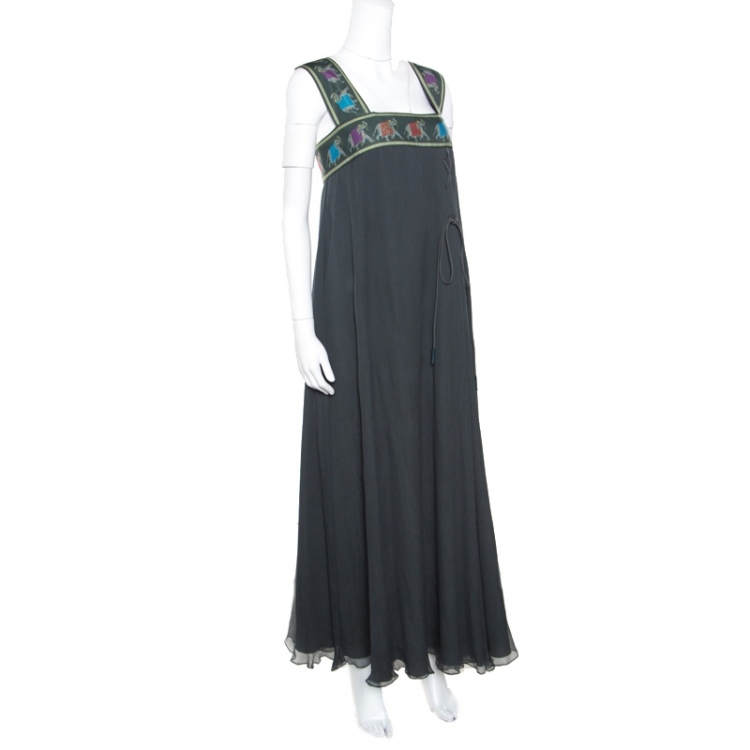 Pre Owned Emporio Armani Olive Green Silk Elephant Motif Detail Sleeveless Maxi Dress M