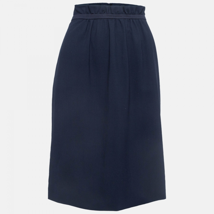 Pre Owned Emporio Armani Navy Blue Wool Gathered Pencil Skirt L