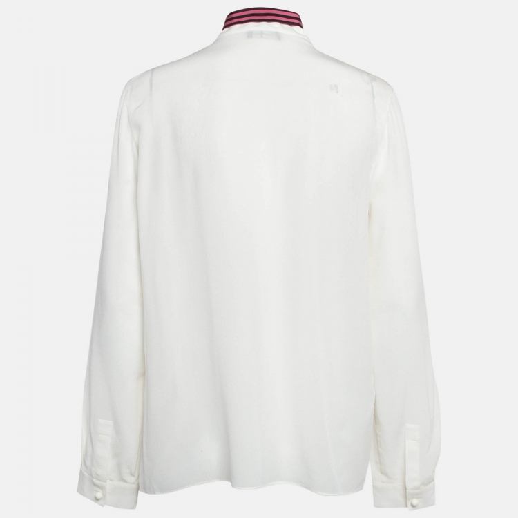 Pre Owned Emporio Armani Off white Silk Tie-Up Neck Shirt L