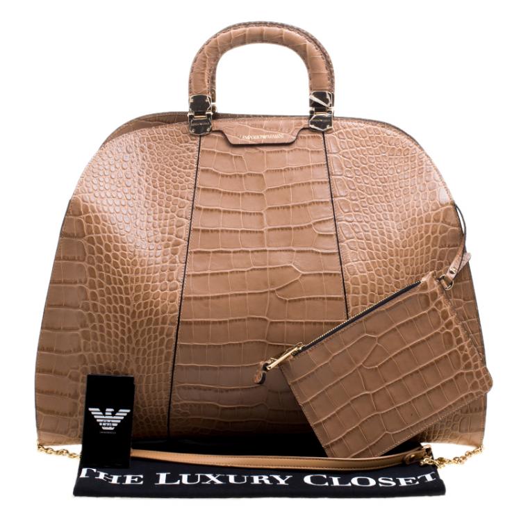 Pre Owned Emporio Armani Light Brown Croc Embossed Leather Satchel