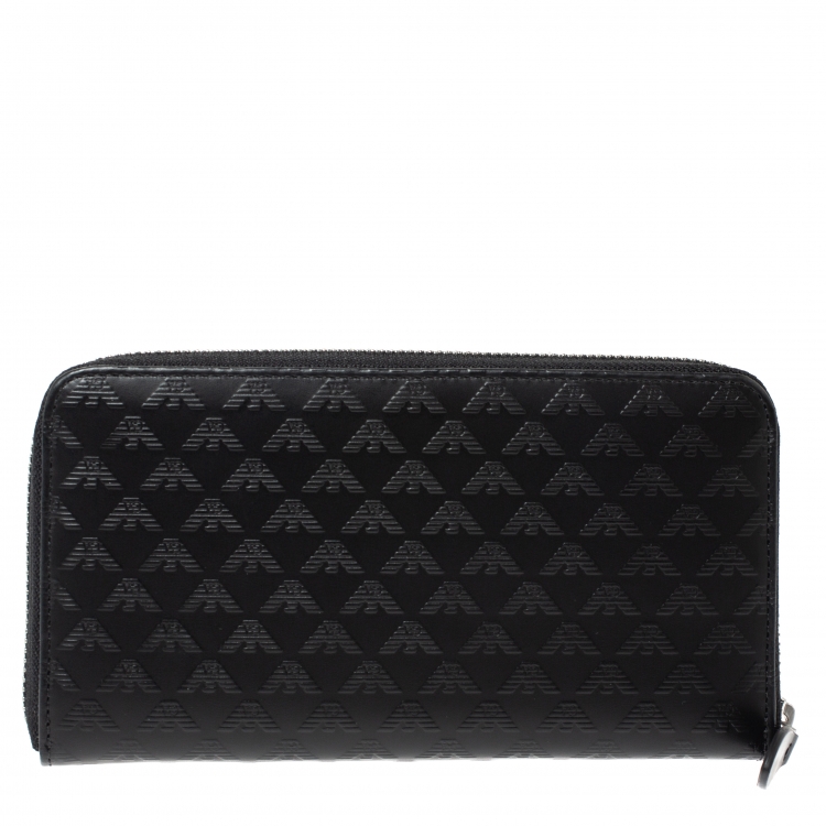 Pre Owned Emporio Armani Black Logo Embossed Leather Zip Around Wallet