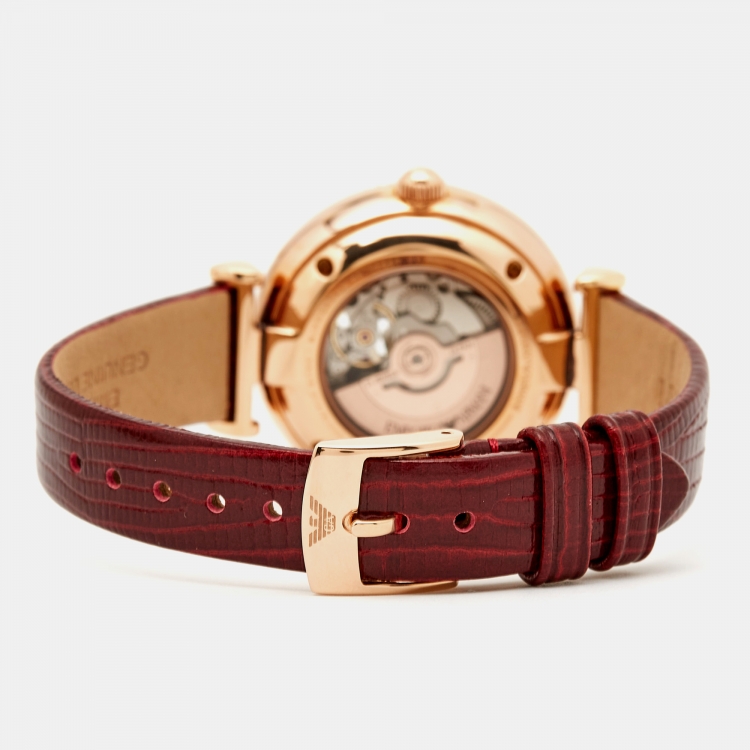 مملوكة مسبقًا Emporio Armani Silver Rose Gold Plated Stainless Steel Leather Meccanico AR60044 Women's Wristwatch 34 mm 