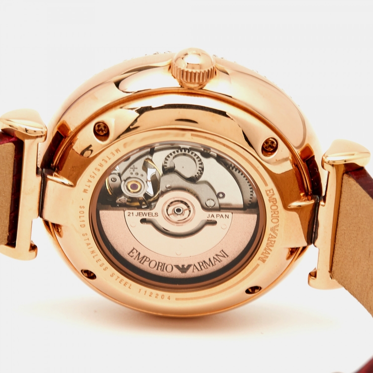 مملوكة مسبقًا Emporio Armani Silver Rose Gold Plated Stainless Steel Leather Meccanico AR60044 Women's Wristwatch 34 mm 