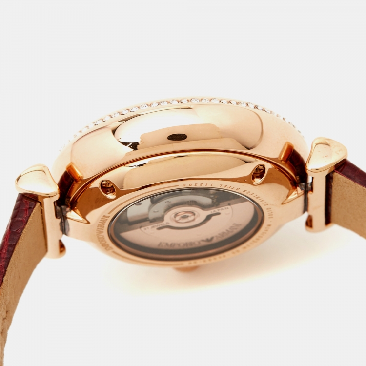 مملوكة مسبقًا Emporio Armani Silver Rose Gold Plated Stainless Steel Leather Meccanico AR60044 Women's Wristwatch 34 mm 
