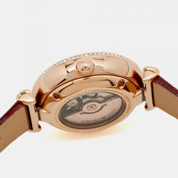 مملوكة مسبقًا Emporio Armani Silver Rose Gold Plated Stainless Steel Leather Meccanico AR60044 Women's Wristwatch 34 mm 
