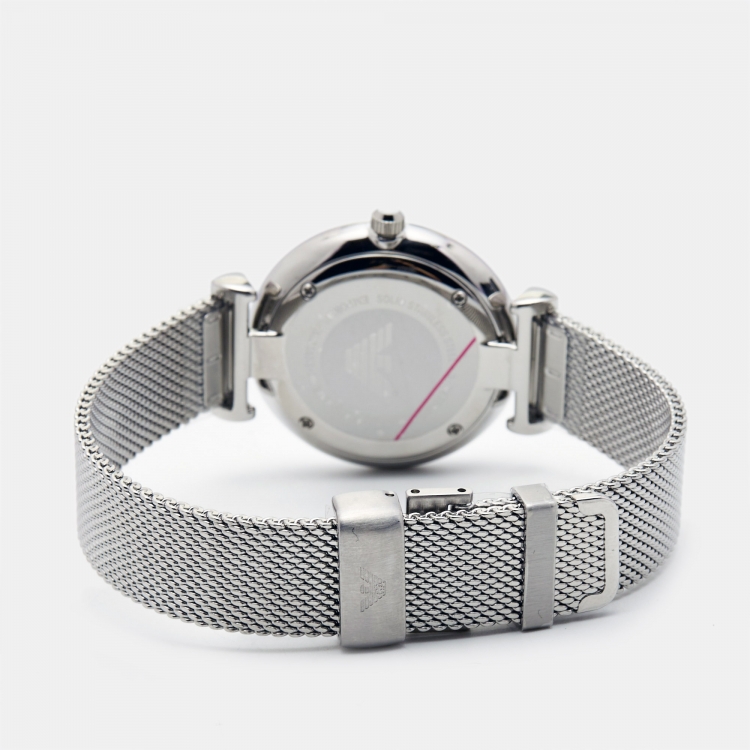 Pre Owned Emporio Armani Mother Of Pearl Stainless Steel T-Bar AR1955 Women's Wristwatch 32 mm