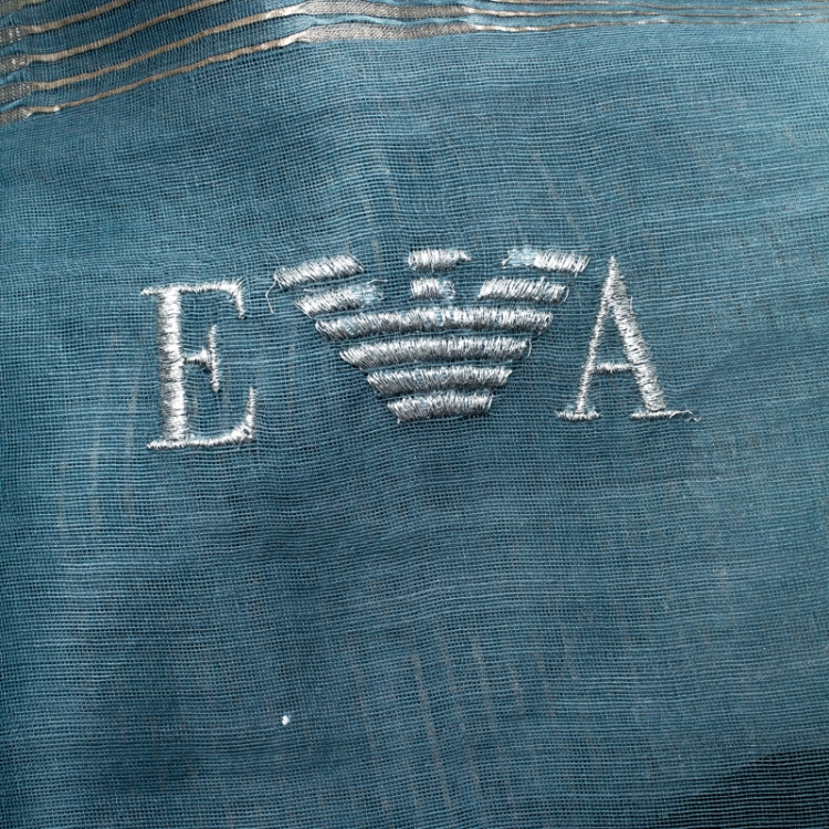 Pre Owned Emporio Armani Blue Silk and Wool Organza Lurex Striped Tassel Detail Scarf
