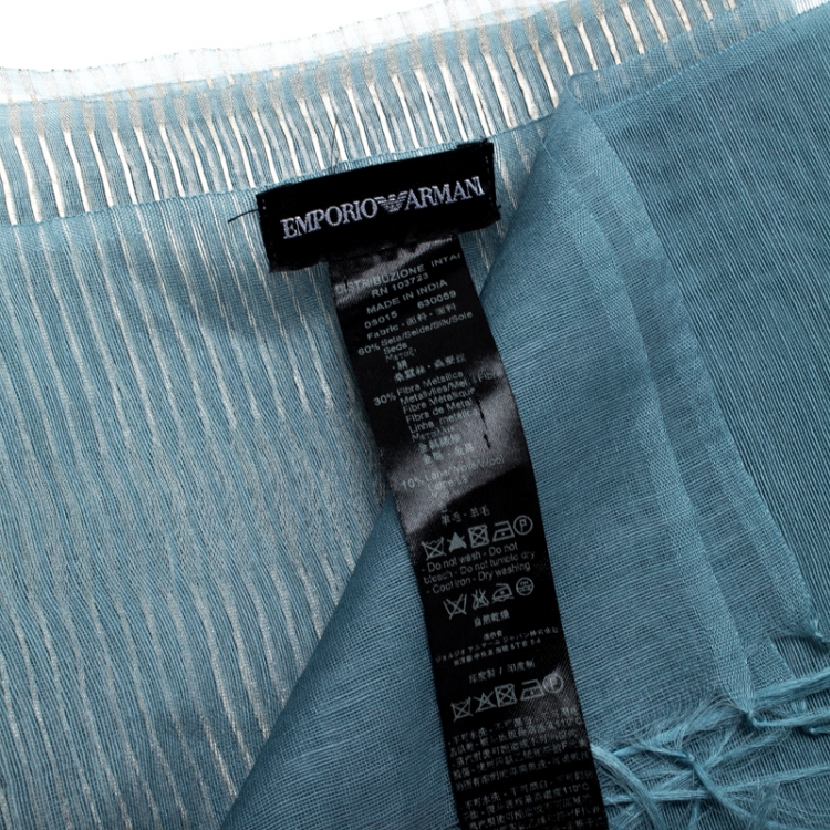 Pre Owned Emporio Armani Blue Silk and Wool Organza Lurex Striped Tassel Detail Scarf
