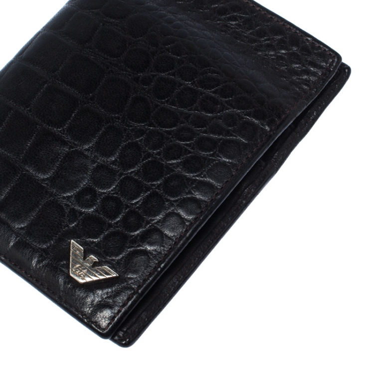 Pre Owned Emporio Armani Dark Brown Croc Embossed Leather Eagle Bi Fold Wallet