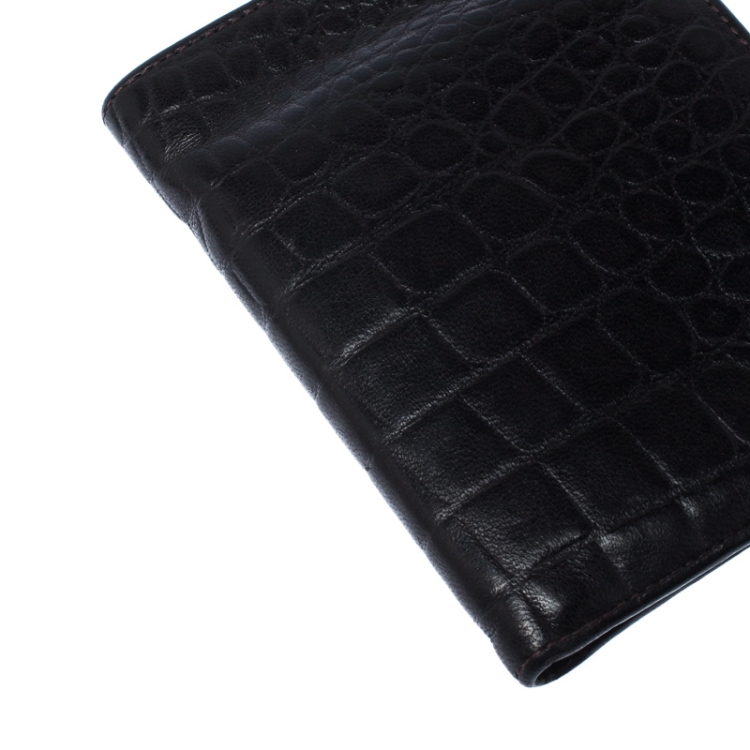 Pre Owned Emporio Armani Dark Brown Croc Embossed Leather Eagle Bi Fold Wallet
