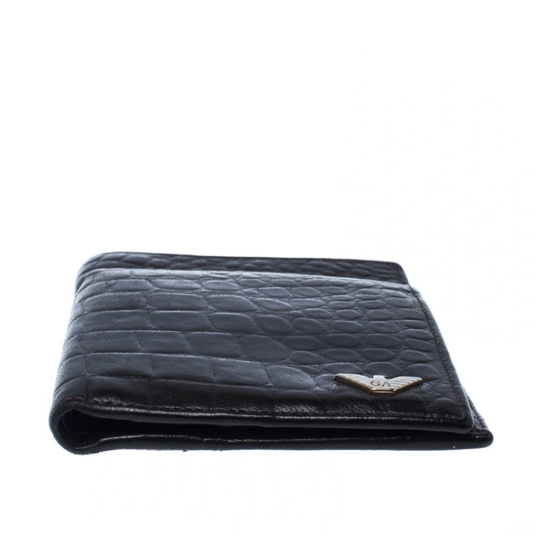 Pre Owned Emporio Armani Dark Brown Croc Embossed Leather Eagle Bi Fold Wallet