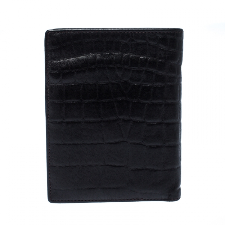 Pre Owned Emporio Armani Dark Brown Croc Embossed Leather Eagle Bi Fold Wallet
